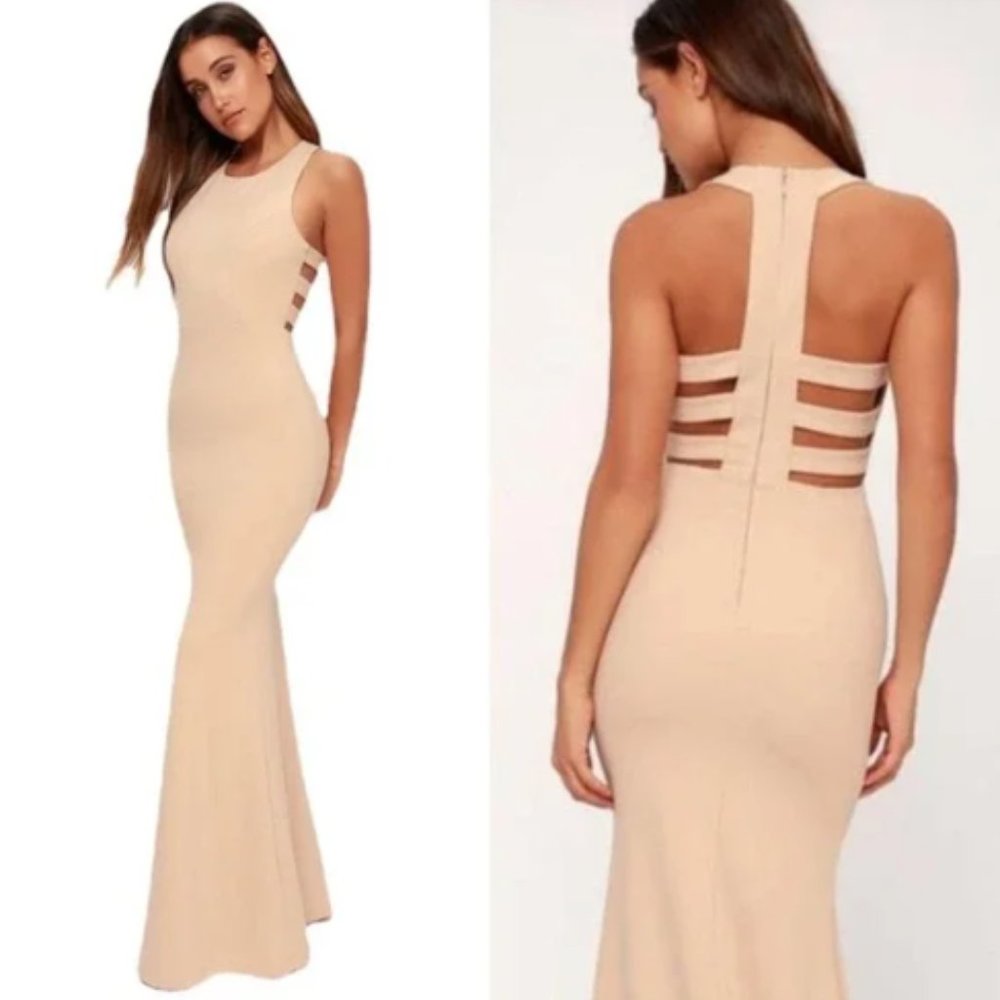 NWT Lulu's Power of Wow Nude Backless Maxi Dress, size Medium